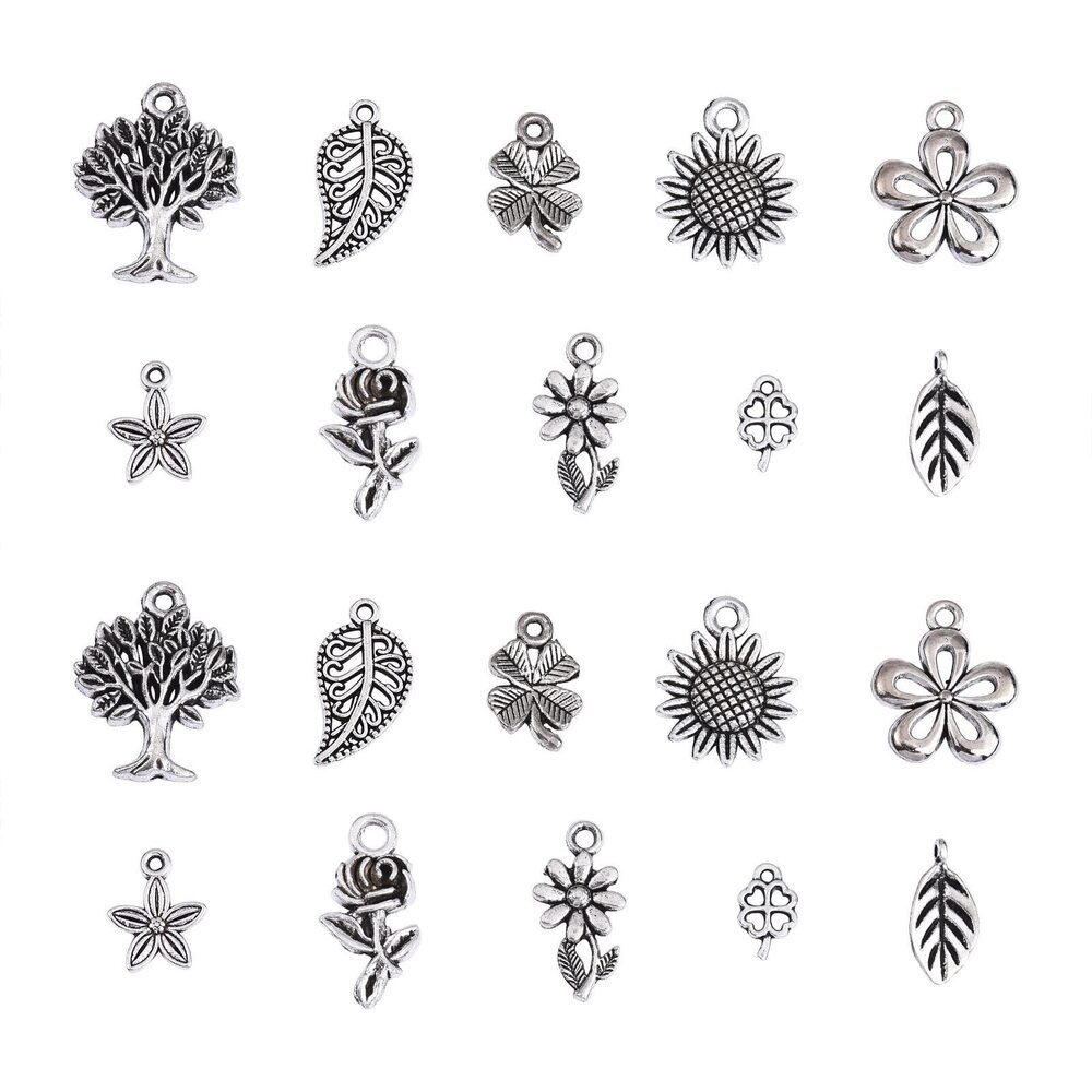 9795 100pcs Antique Silver Plant Charms Alloy Tree Leaf Flower Charms